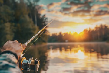 Fishing rod casting line at serene sunset lake