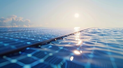 ESG focus, Ocean-based solar panels, close-up, reflective water, clear sky, sustainable energy concept, superrealistic - obrazy, fototapety, plakaty