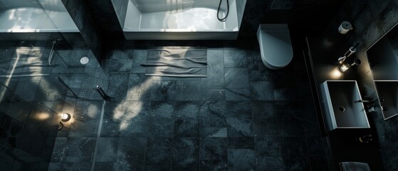Overhead view of a minimalist bathroom, subtle signs of a struggle, dark and light contrast for a dramatic effect