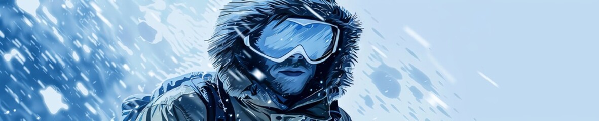 Retro illustration of a hiker in a snowy Arctic, fur hood, icy goggles, entering a blizzard, blue and white palette