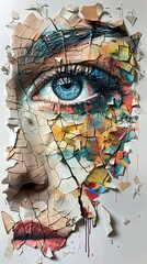 Peering through a fragmented paper world, an eye tells tales of color and contrast