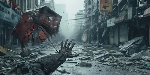 Zombie's hand holding a tattered umbrella in a deserted, storm-wrecked street