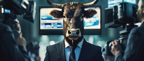 A bull in a financial news broadcast, wearing a mediasavvy suit, influencing bullish market sentiment - obrazy, fototapety, plakaty