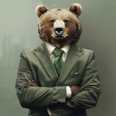 The bear in a sustainable investment forum, wearing ecoconscious attire, representing cautious and ethical investing - obrazy, fototapety, plakaty