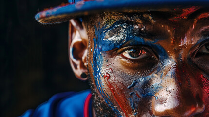 A decade of memories etched on the face of a baseball player, captured in vivid detail as they stand in their blue and red uniform, embodying the essence of the sport