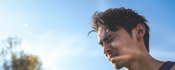 Close up young man with sweat on hot sunny day ,a shower and washing against sunset.
