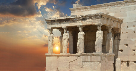 greece caryatids summer sunsetin athens ancient heritage