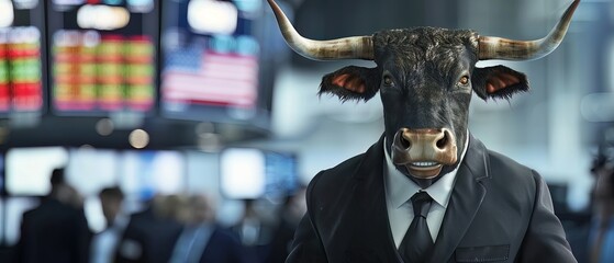 A bull in a financial news broadcast, wearing a mediasavvy suit, influencing bullish market sentiment