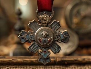 A medal of valor, adorned with national emblems, is pinned on the chest of a hero, symbolizing bravery and sacrifice in service - obrazy, fototapety, plakaty
