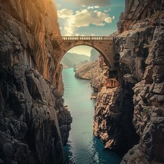 A bridge spanning a vast chasm, metaphor for overcoming obstacles to connect with success - obrazy, fototapety, plakaty