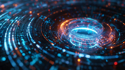 Obraz premium Futuristic technology background, bright holographic swirl circle.