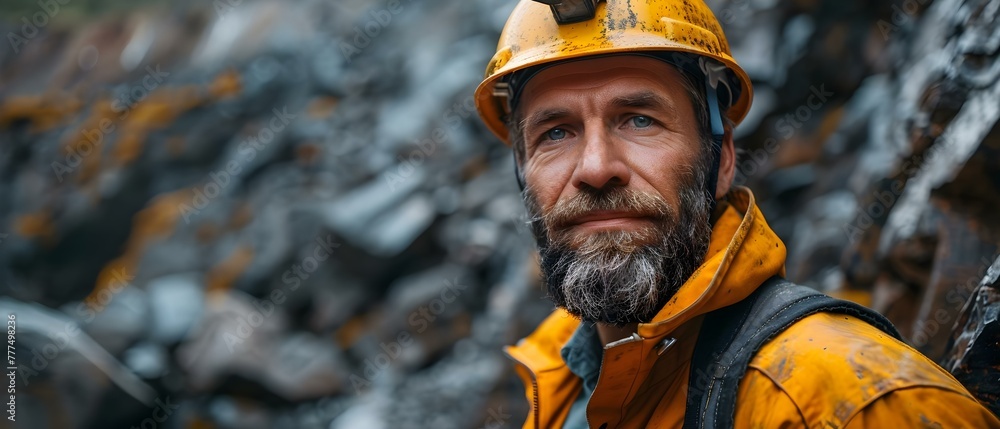 Poster mining engineer wearing a hardhat using digital tablet at a mine construction site. concept mining, 