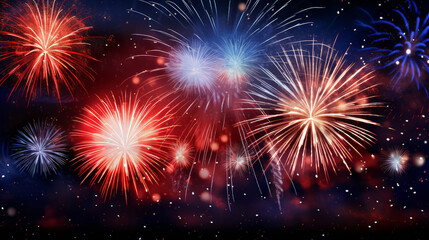 Naklejka premium American independent day for banner, torch, firework flag, luxury ,HAPPY NEW YEAR ,holiday background banner panorama long greeting card. Colorful firework fireworks and sparkling