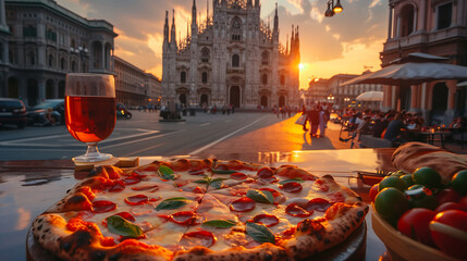 Italian Delicacy: Pizza Pleasure Enhanced by Historic Sunset Glow - obrazy, fototapety, plakaty