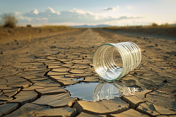 Overturned splitted drinking glass over dry cracked field