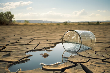 Overturned splitted drinking glass over dry cracked field