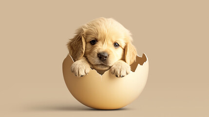 A small puppy is inside an eggshell - obrazy, fototapety, plakaty