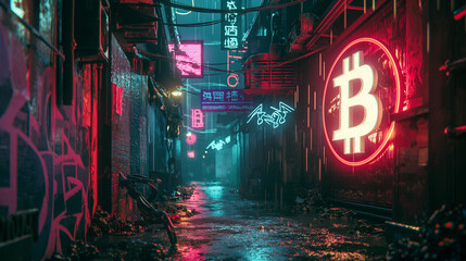 Neon-Lit Alley with Bitcoin Cryptocurrency Sign