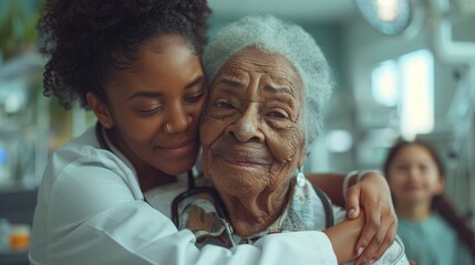 A compassionate young nurse provides comfort through a warm embrace to an elderly patient in a hospital room.
