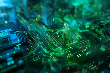 Futuristic Circuit Board City with Holographic Elements - obrazy, fototapety, plakaty