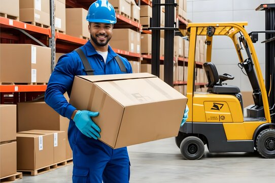 smiling warehouse worker wearing a blue uniform, safety helmet, and gloves confidently carries a large cardboard box
