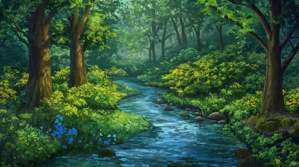 Fototapeta na wymiar Serene Forest Stream with Blooming Wildflowers
