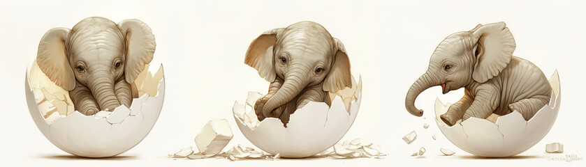 Three baby elephants are in a cracked eggshell