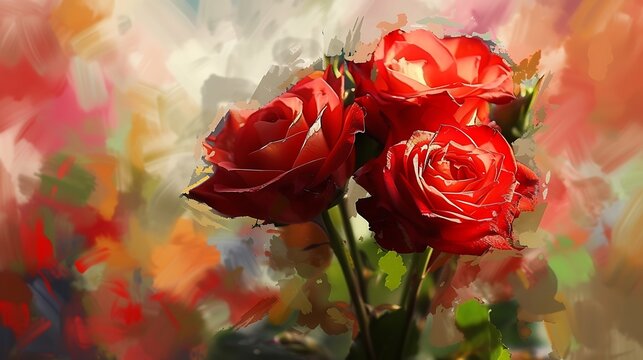 a visually appealing image of a red rose bouquet with a transparent background, surrounded by a palette of lively and contrasting colors attractive look