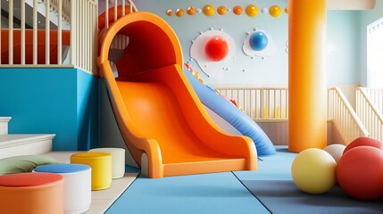 a visually appealing scene of a contemporary indoor playground for children, featuring a vibrant...