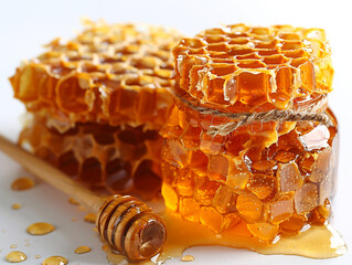 Natural honey collected by caring bees. Honeycomb. Beehive. Liquid honey. Sunshine in a jar. Natural remedies.