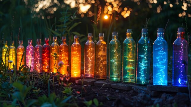 Emotion Bottles, Luminescent, Exploration of Feelings, Displaying a rainbow of colors in a moonlit garden, Realistic, Moonlight, Lens Flare