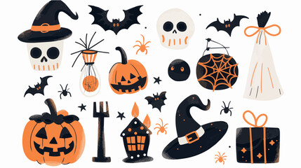 Hand drawn abstract Halloween items, gifts, ornaments, celebration flat icons set. Color isolated illustrations. Colourful. 