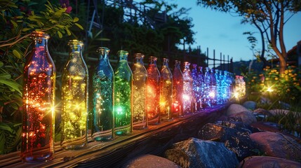Emotion Bottles, Luminescent, Exploration of Feelings, Displaying a rainbow of colors in a moonlit garden, Realistic, Moonlight, Lens Flare