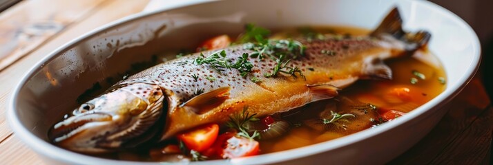 Cooked baked red trout fish in a dish with seasonings and herbs on the table, healthy sea fish, banner