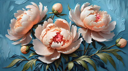  peach-colored peony flowers on soft blue painted with oil paints