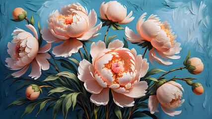  peach-colored peony flowers on soft blue painted with oil paints