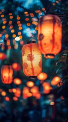 Japanese festival lanterns, glowing with lines of code, festive and bright atmosphere - obrazy, fototapety, plakaty