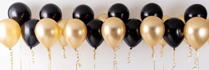 Gold and black holiday balloons on white background, birthday or anniversary concept, banner