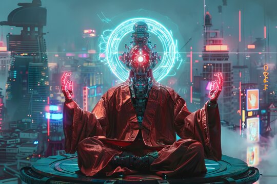 Futuristic meditation: Robotic entity with multiple arms in neon cyber-city, spirituality meets tech
