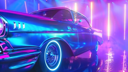 vintage car in shiny blue and purple neon lighting