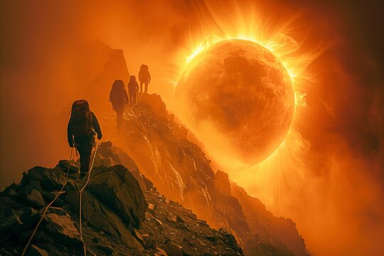 Climbers ascend a rugged mountain ridge, silhouetted against the fiery halo of a total solar eclipse in an orange-hued sky.