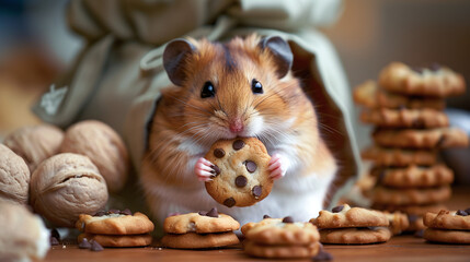 cute hamster eating chocolate chips cookie in the kitchen