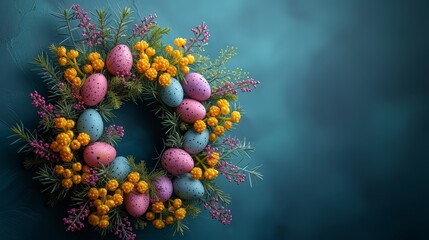 Fototapeta na wymiar A wreath of eggs and flowers against a blue backdrop Yellow and pink blooms occupy the wreath's center