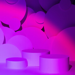 Abstract stage for presentation skin care products - three round podiums mockup in gradient pink purple violet glowing light, bubbles fly as decor. Template for displaying in vapor wave disco style. - 777501601
