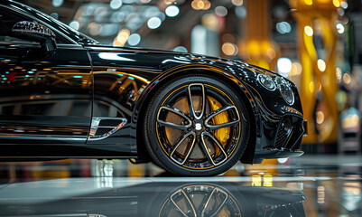 Sleek black luxury car with golden rims in showroom setting. High-end automotive elegance and sophistication. Exquisite design and craftsmanship showcased. Premium quality of sports car and luxury.