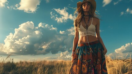 A bohemian-inspired maxi skirt with intricate embroidery and flowing fabric, paired with a cropped top and strappy sandals, accessorized with layered necklaces and a floppy hat,  - obrazy, fototapety, plakaty