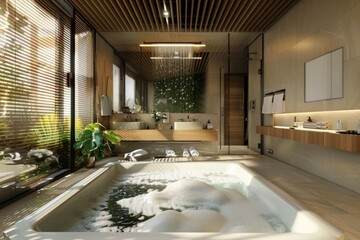 Modern fashionable bathroom, bathtub filled with water and foam, rest and relaxation with water procedures, body care and spa