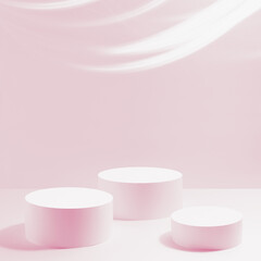 Abstract pink scene mockup - three round pink cylinder podiums smooth neon light stripes. Template for presentation cosmetic products, goods, advertising, design, sale, design in fashion style.