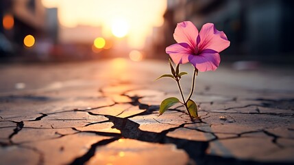 Pink flower on cracked ground with sunset background