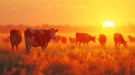 Cows in sunset, Cow, Herd of cows grazing on a farmland in Devon, England, Group of cows stand upright, Generative ai